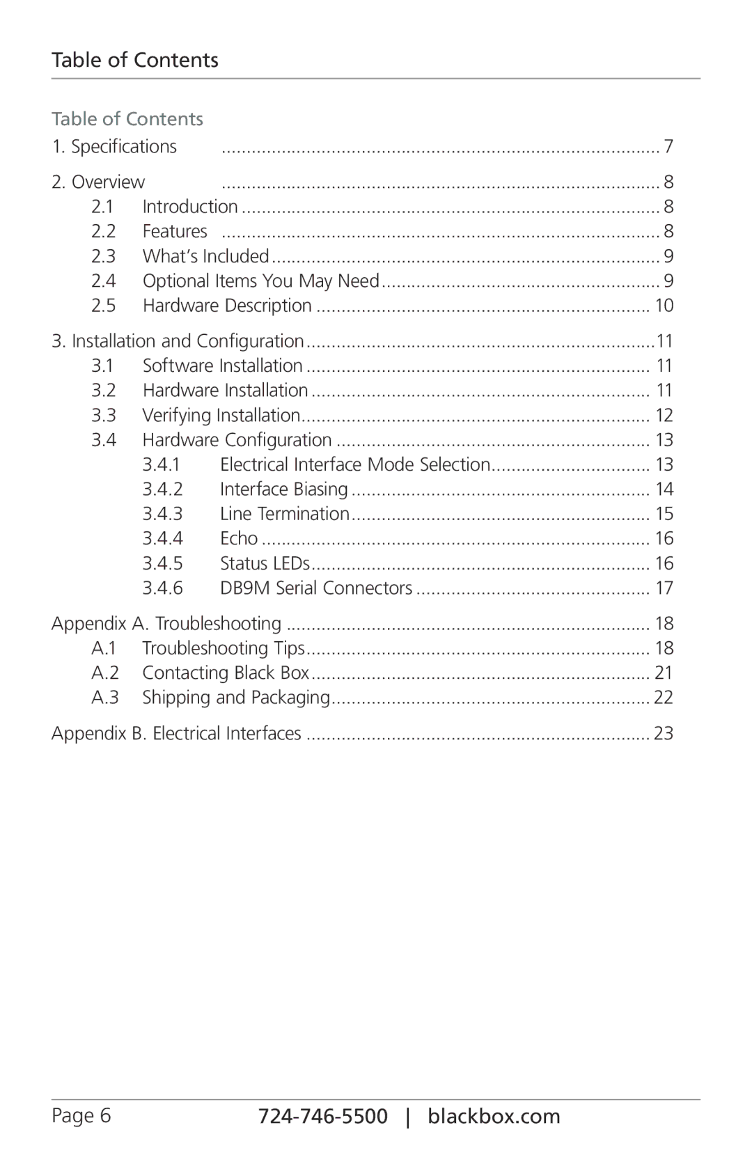 Black Box 485, RS-232, 422, Black Box Interface Converter, 4-Port manual Table of Contents 