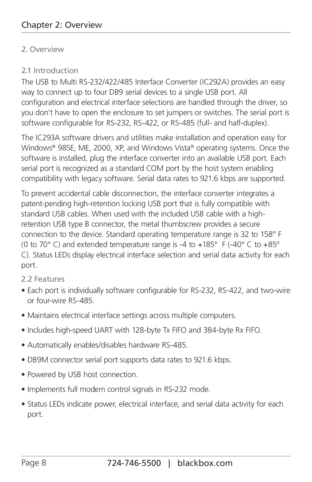 Black Box RS-232, 422, 485, Black Box Interface Converter, 4-Port manual Overview Introduction, Features 