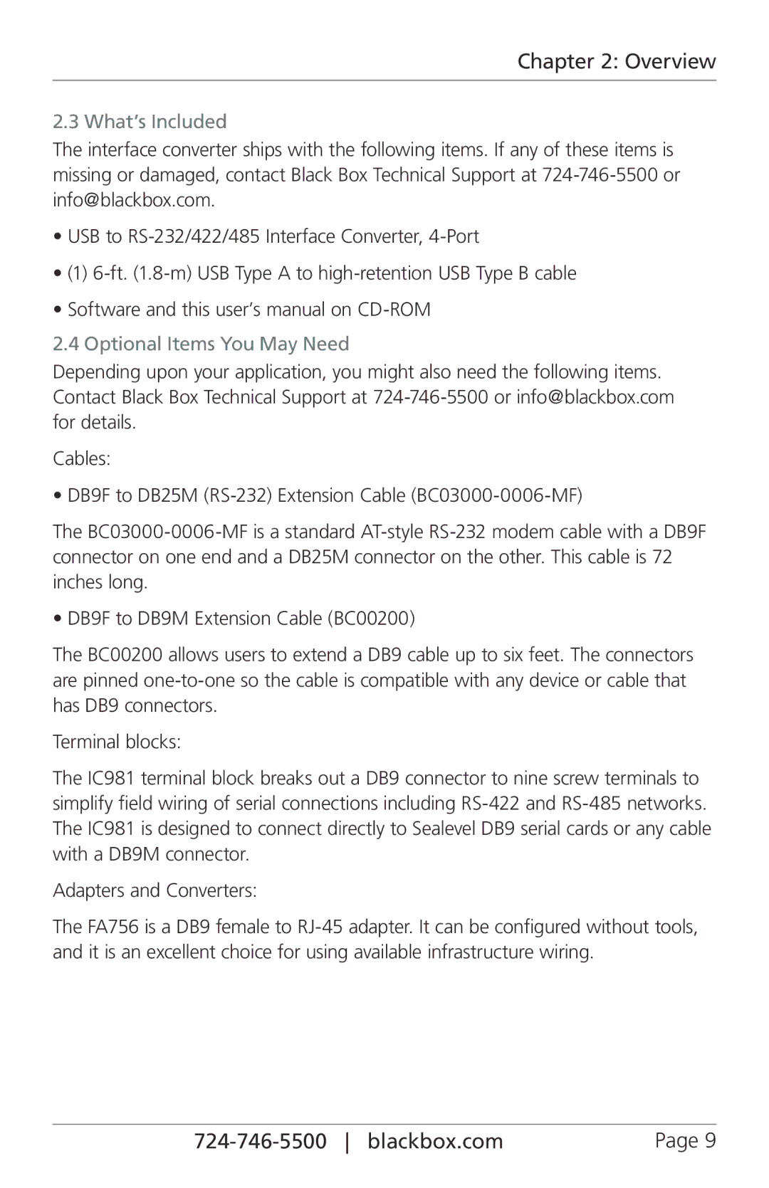 Black Box 422, RS-232, 485, Black Box Interface Converter, 4-Port manual What’s Included, Optional Items You May Need 