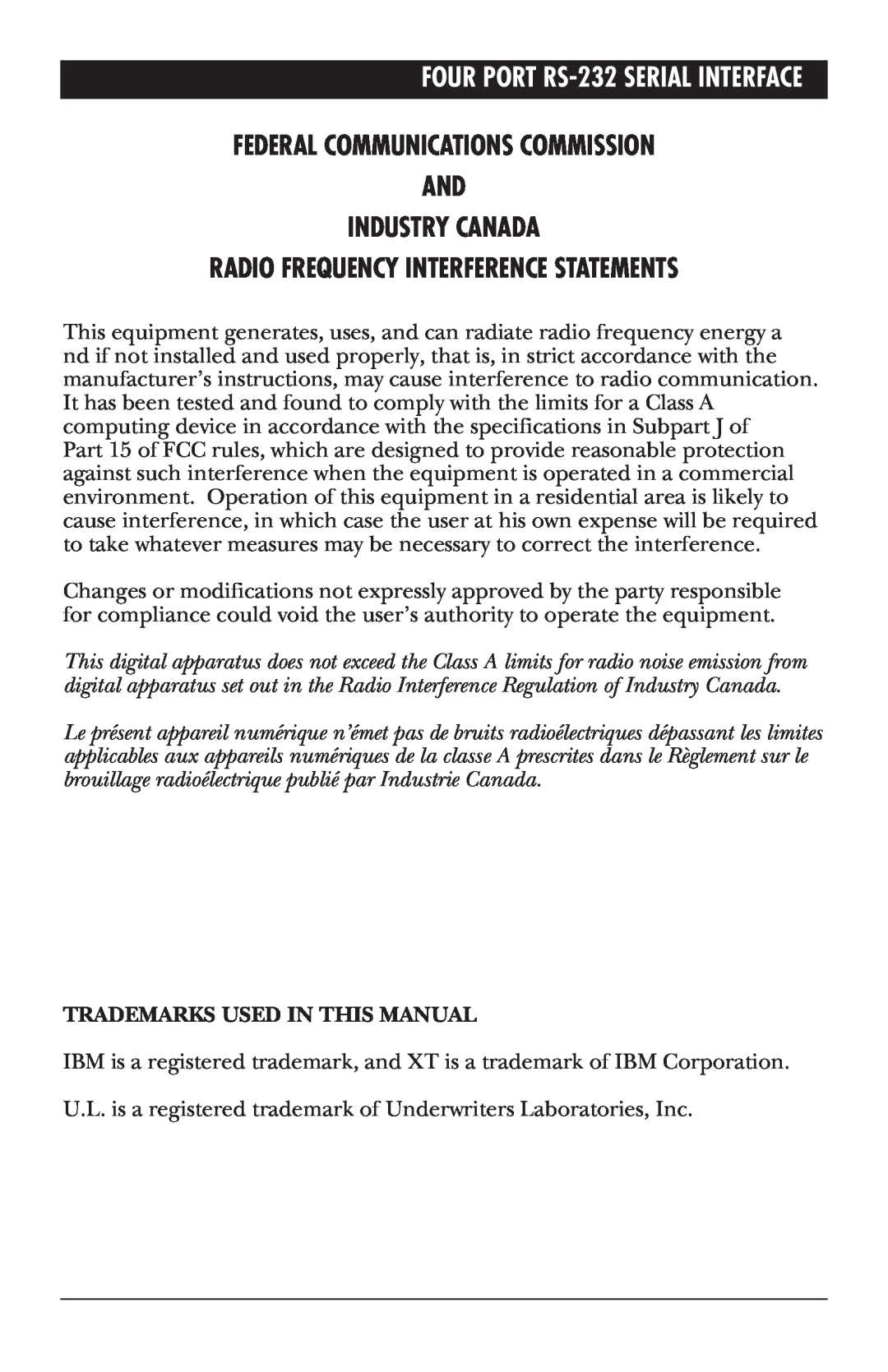 Black Box RS-232, IC181C Federal Communications Commission And Industry Canada, Radio Frequency Interference Statements 