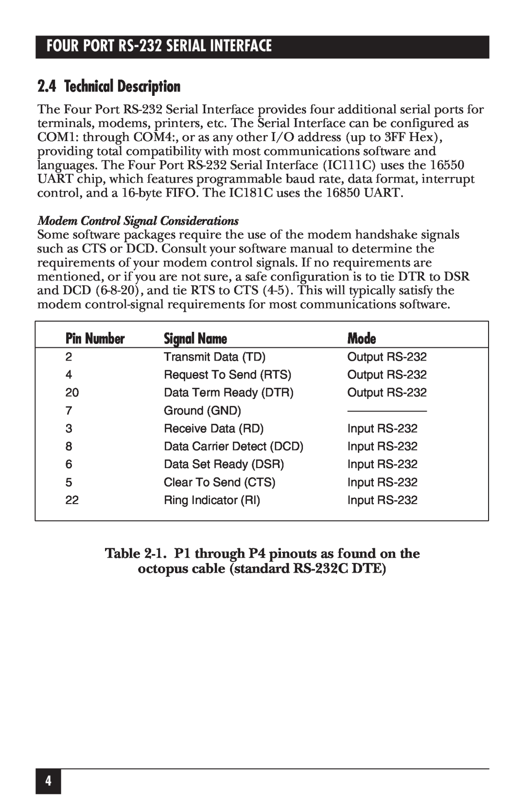 Black Box IC181C, RS-232 Technical Description, Pin Number, Signal Name, Mode, 1. P1 through P4 pinouts as found on the 