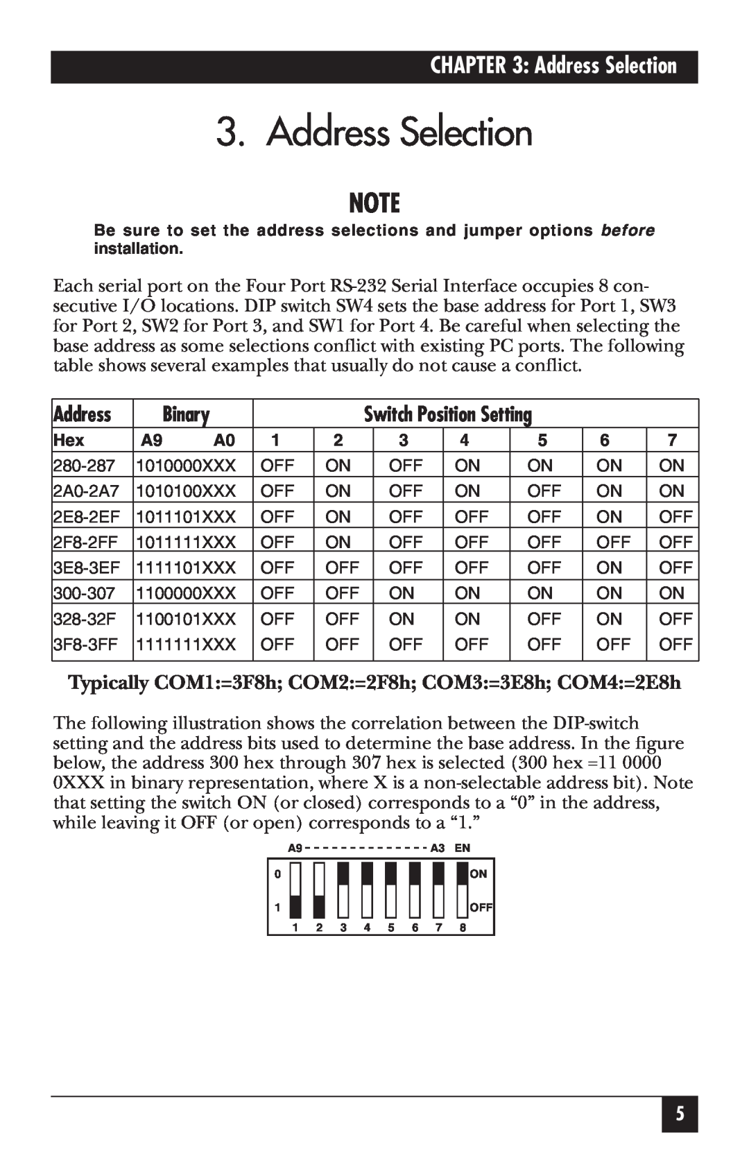 Black Box RS-232 Address Selection, Binary, Typically COM1=3F8h COM2=2F8h COM3=3E8h COM4=2E8h, Switch Position Setting 