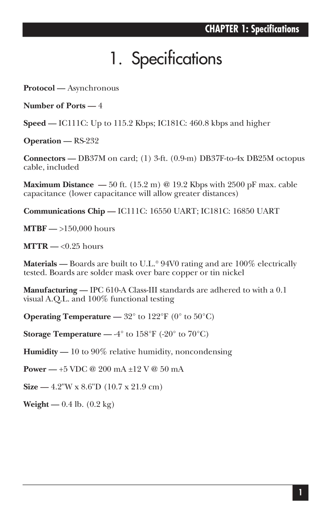 Black Box IC181C manual Specifications, Operation RS-232 