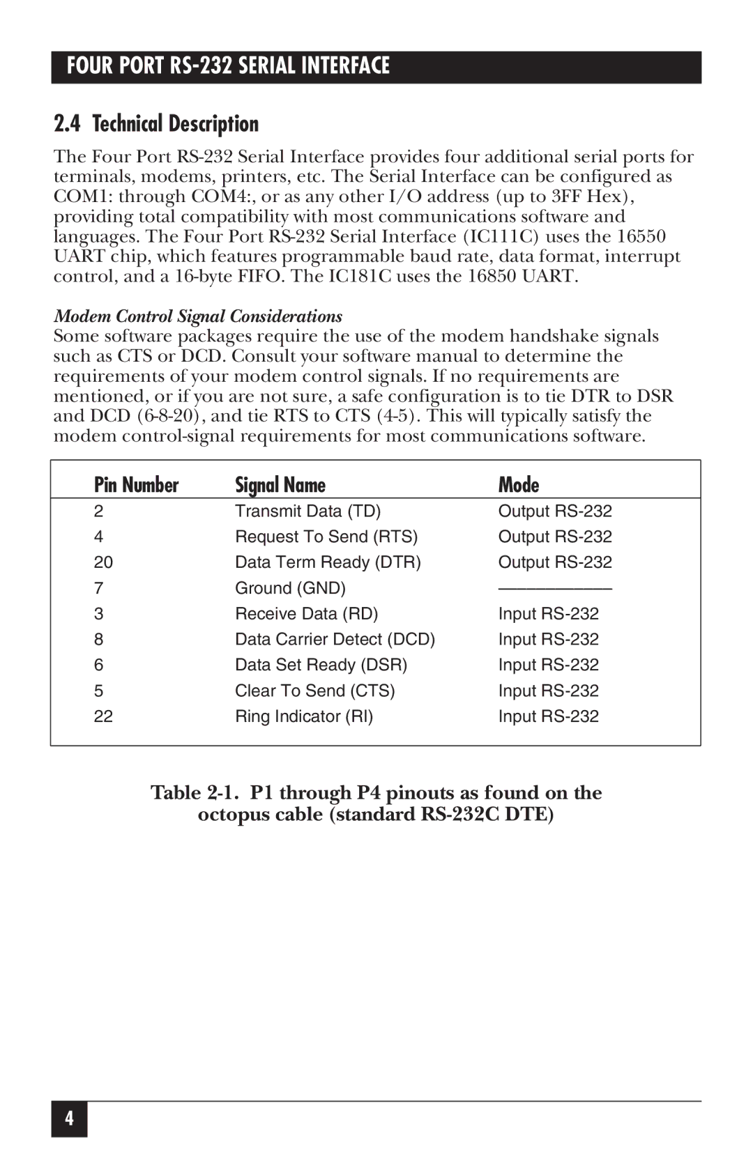 Black Box IC181C, RS-232 manual Technical Description, Modem Control Signal Considerations 