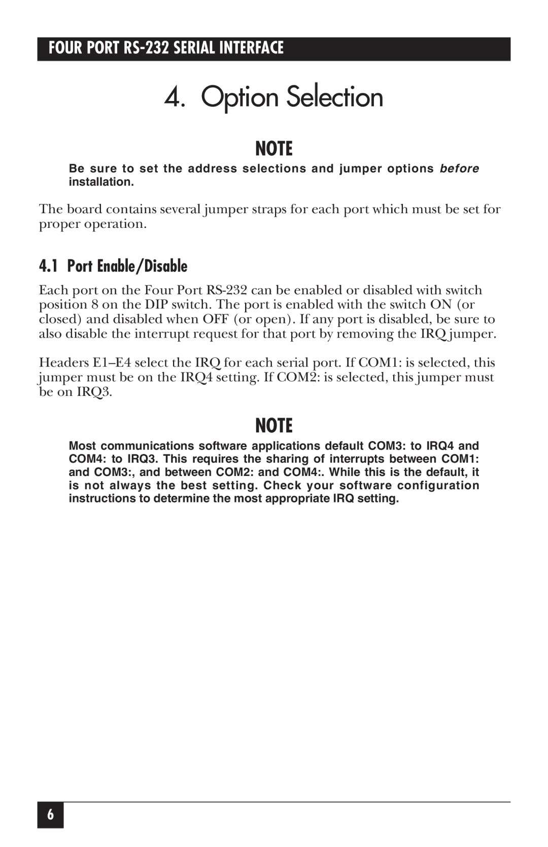 Black Box IC181C, RS-232 manual Option Selection, Port Enable/Disable 