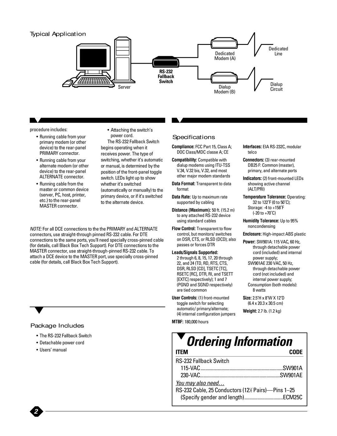 Black Box RS-232 manual Typical Application, Package Includes, Specifications 