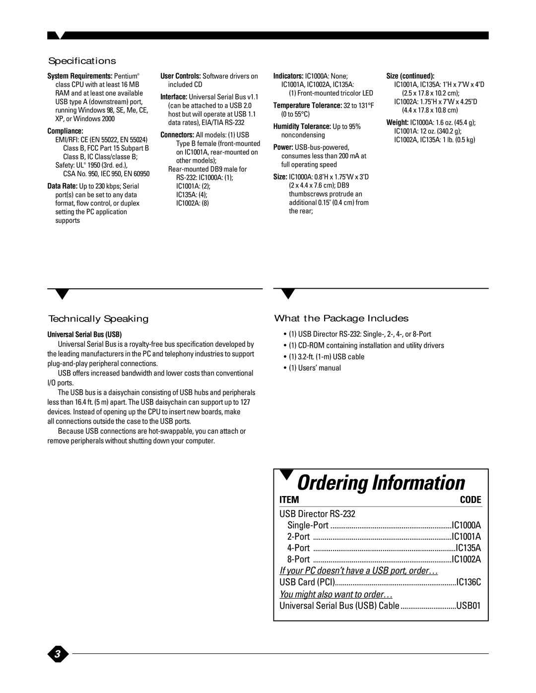 Black Box RS-232 manual Compliance, User Controls Software drivers on included CD, Size, Universal Serial Bus USB 