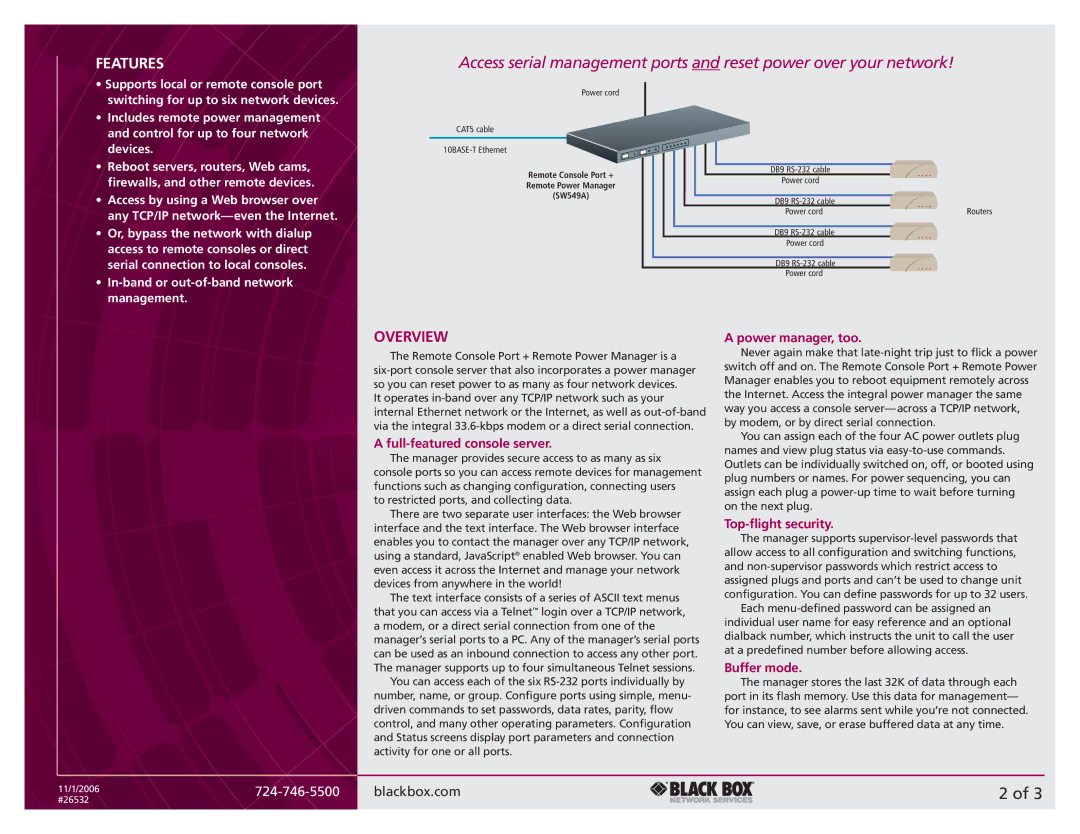 Black Box RS-232 manual Overview, Full-featured console server, Power manager, too, Top-flight security, Buffer mode 