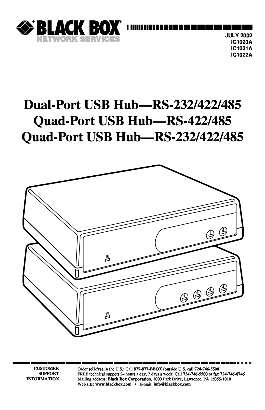 Black Box RS422/485 manual Dual-PortUSB Hub—RS-232/422/485, Quad-PortUSB Hub—RS-422/485, Quad-PortUSB Hub—RS-232/422/485 
