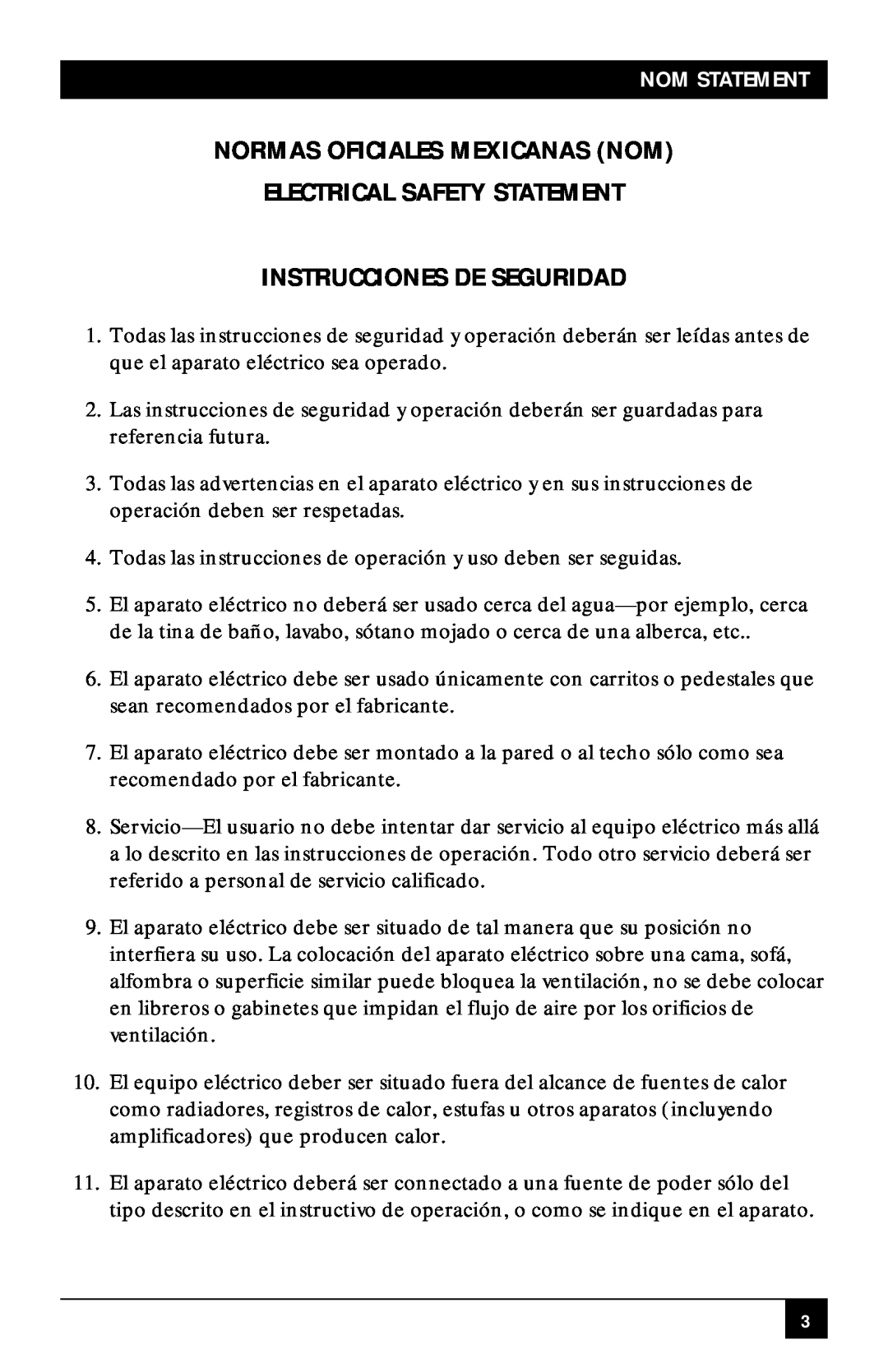 Black Box RS-232/422/485 manual Normas Oficiales Mexicanas Nom, Electrical Safety Statement, Instrucciones De Seguridad 