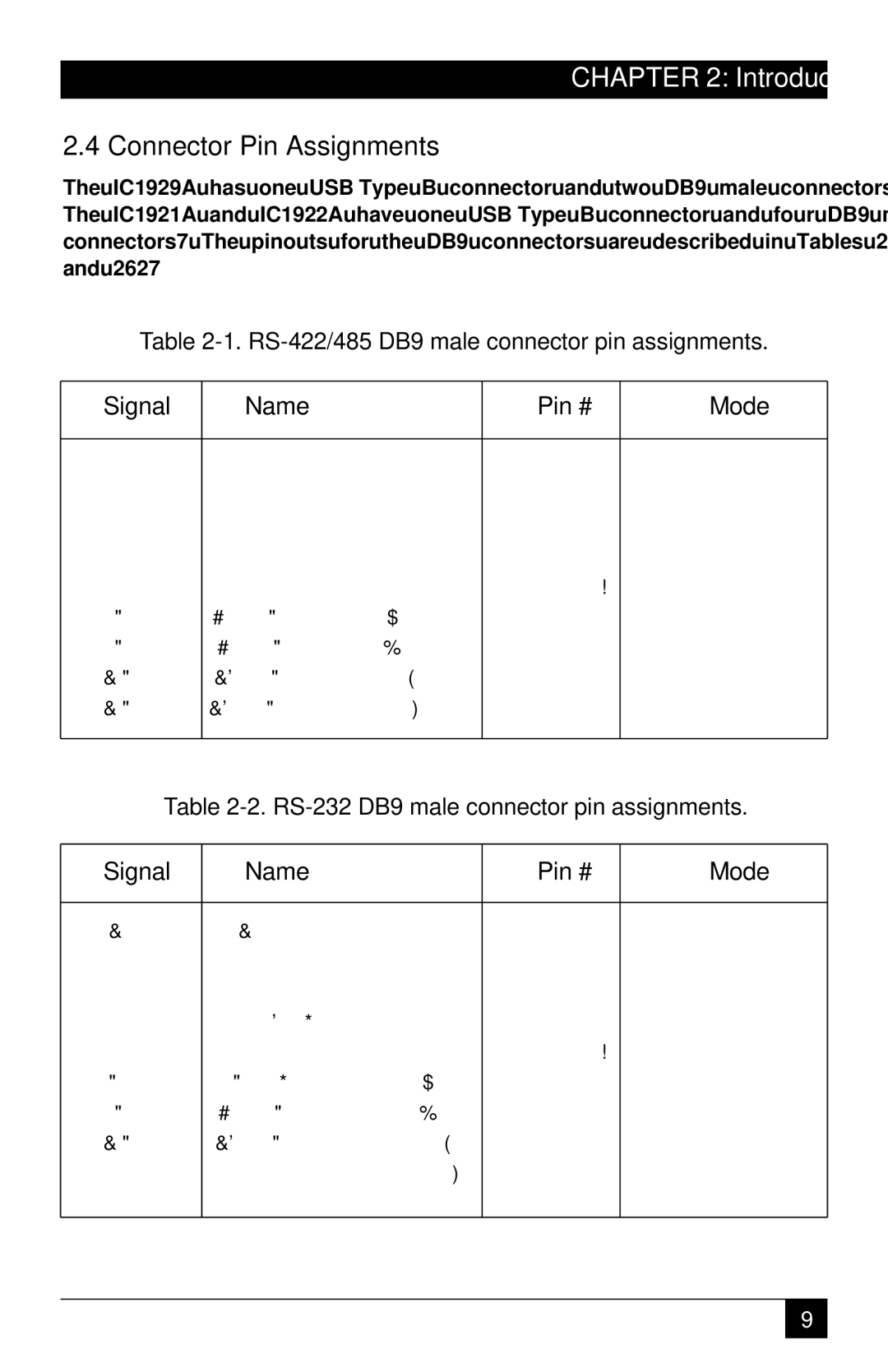 Black Box RS-232/422/485, RS422/485 manual Connector Pin Assignments, Signal Name Pin # Mode 