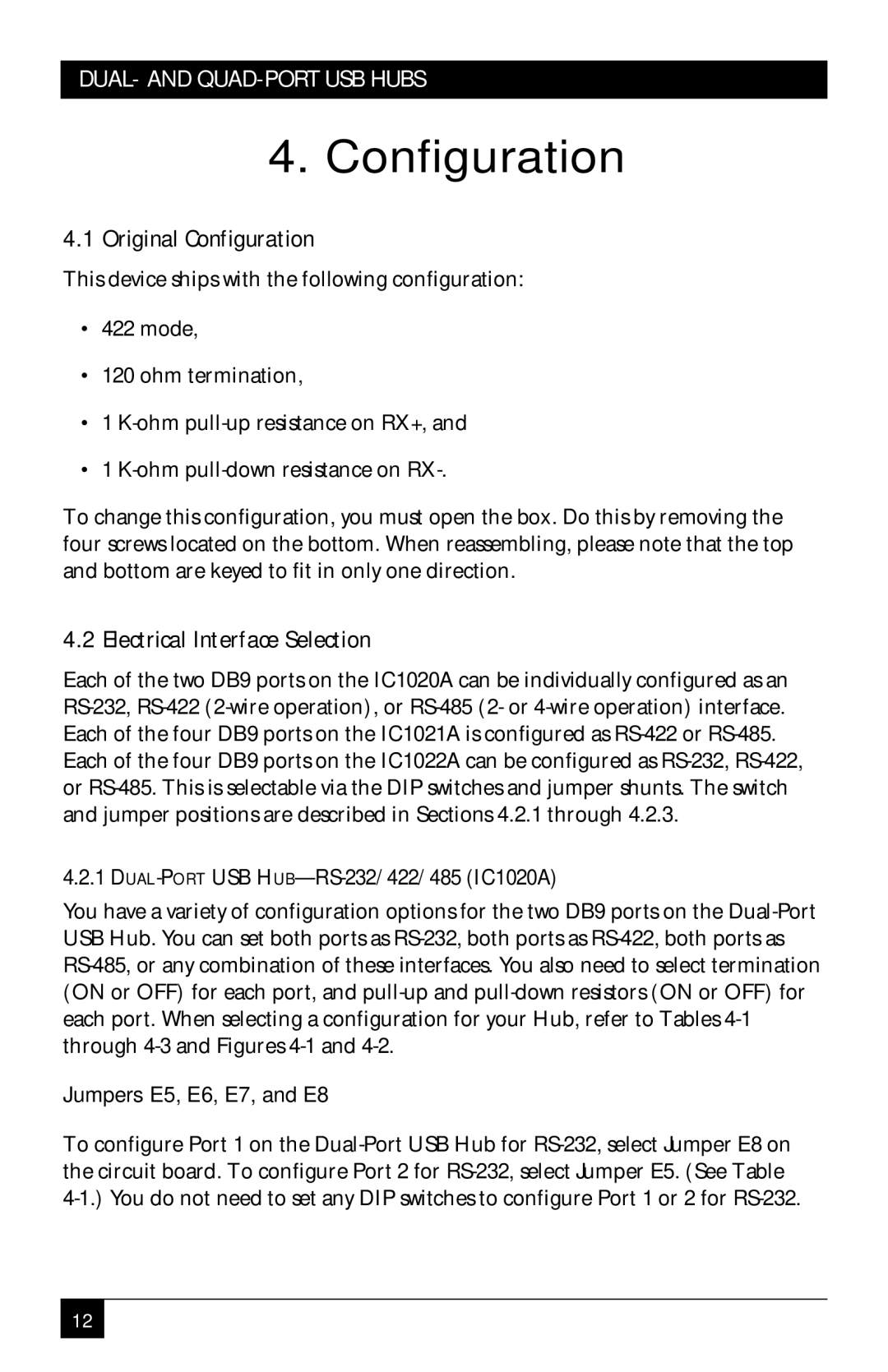 Black Box RS422/485, RS-232/422/485 Original Configuration, Electrical Interface Selection, Jumpers E5, E6, E7, and E8 