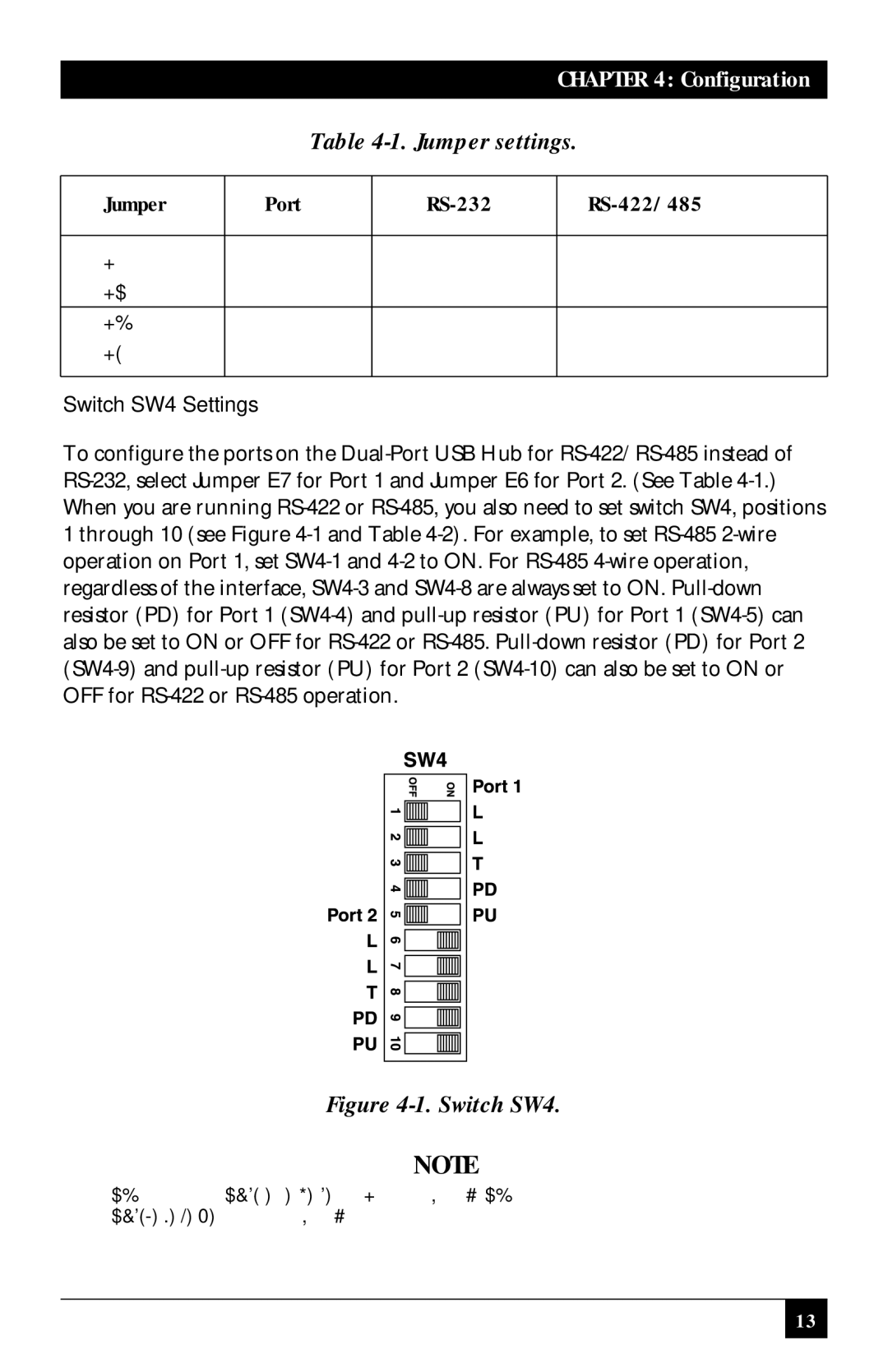 Black Box RS-232/422/485, RS422/485 manual Jumper Port RS-232 RS-422/485, Switch SW4 Settings 