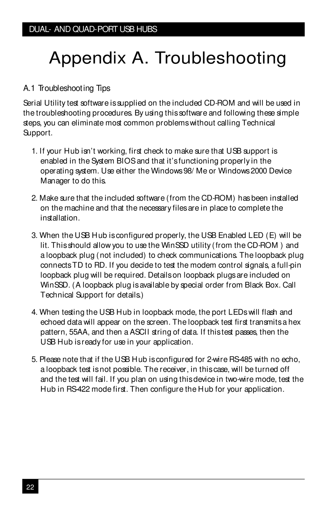 Black Box RS422/485, RS-232/422/485 manual Appendix A. Troubleshooting, Troubleshooting Tips 