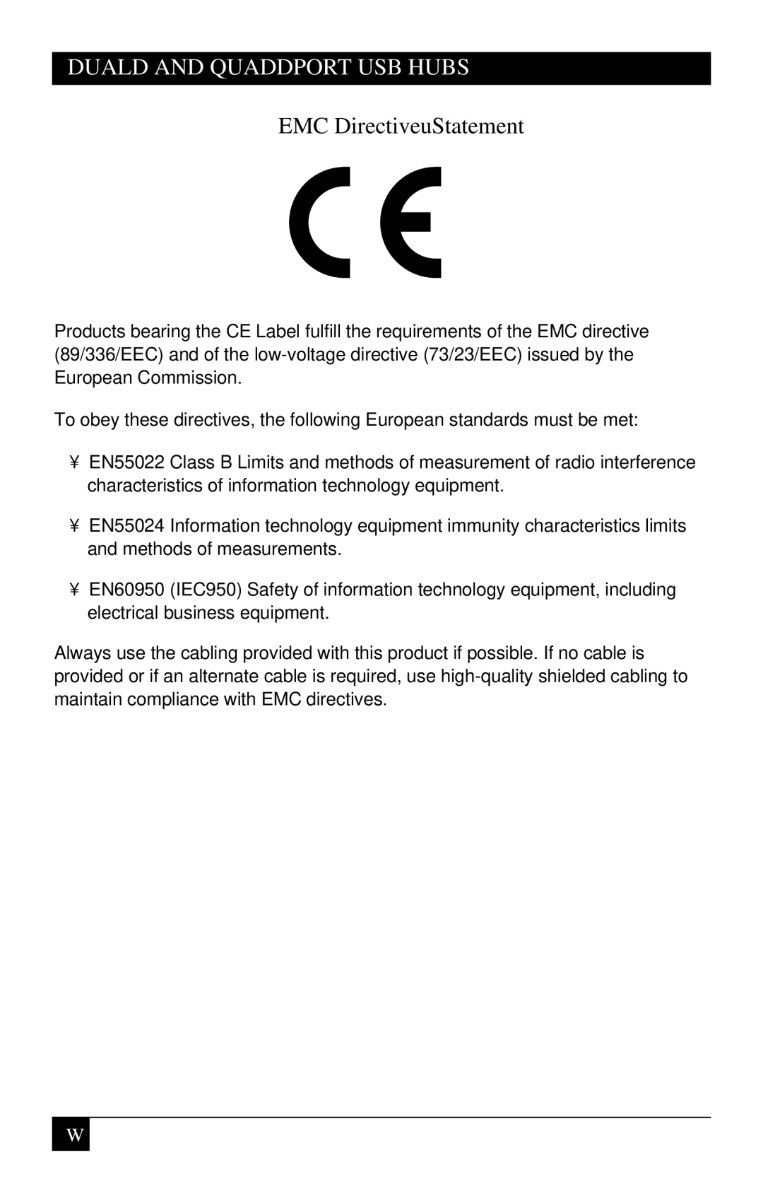 Black Box RS422/485, RS-232/422/485 manual DUAL- and QUAD-PORT USB Hubs, EMC Directive Statement 