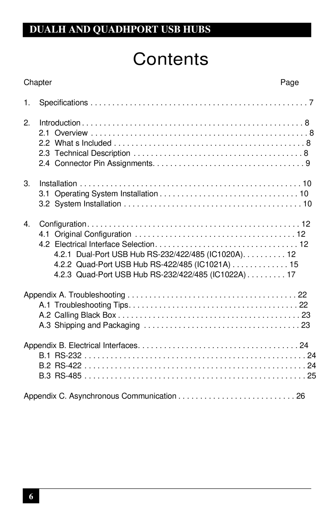 Black Box RS422/485, RS-232/422/485 manual Contents 