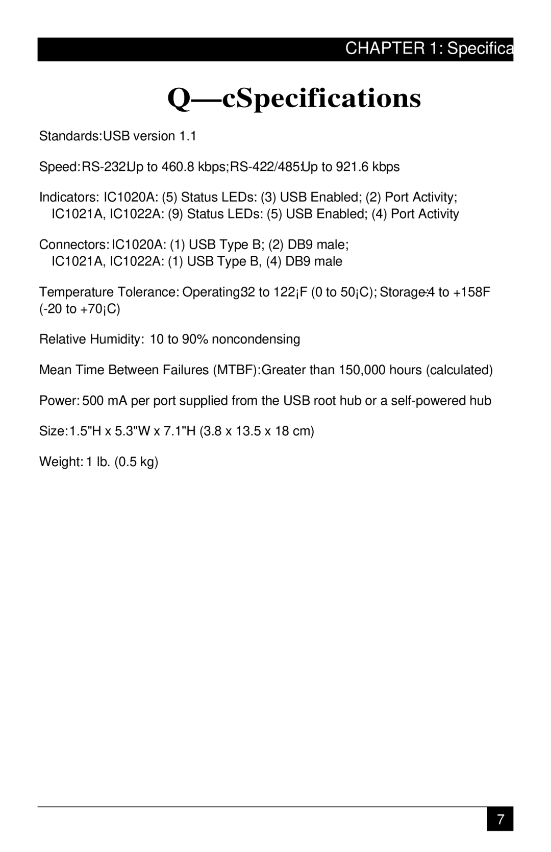 Black Box RS-232/422/485, RS422/485 manual Specifications 