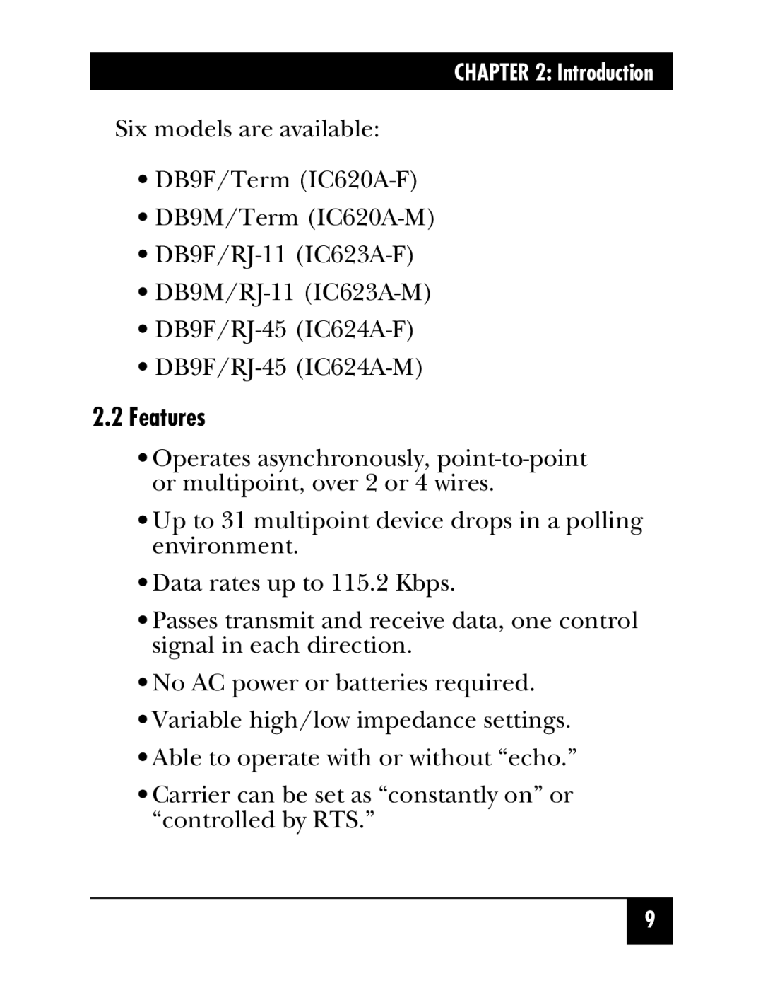 Black Box DB9F/RJ-45 (IC624A-M), RS-232/485 CONVERTER, DB9F/Term (IC620A-F), DB9F/RJ-45 (IC624A-F) manual Features 