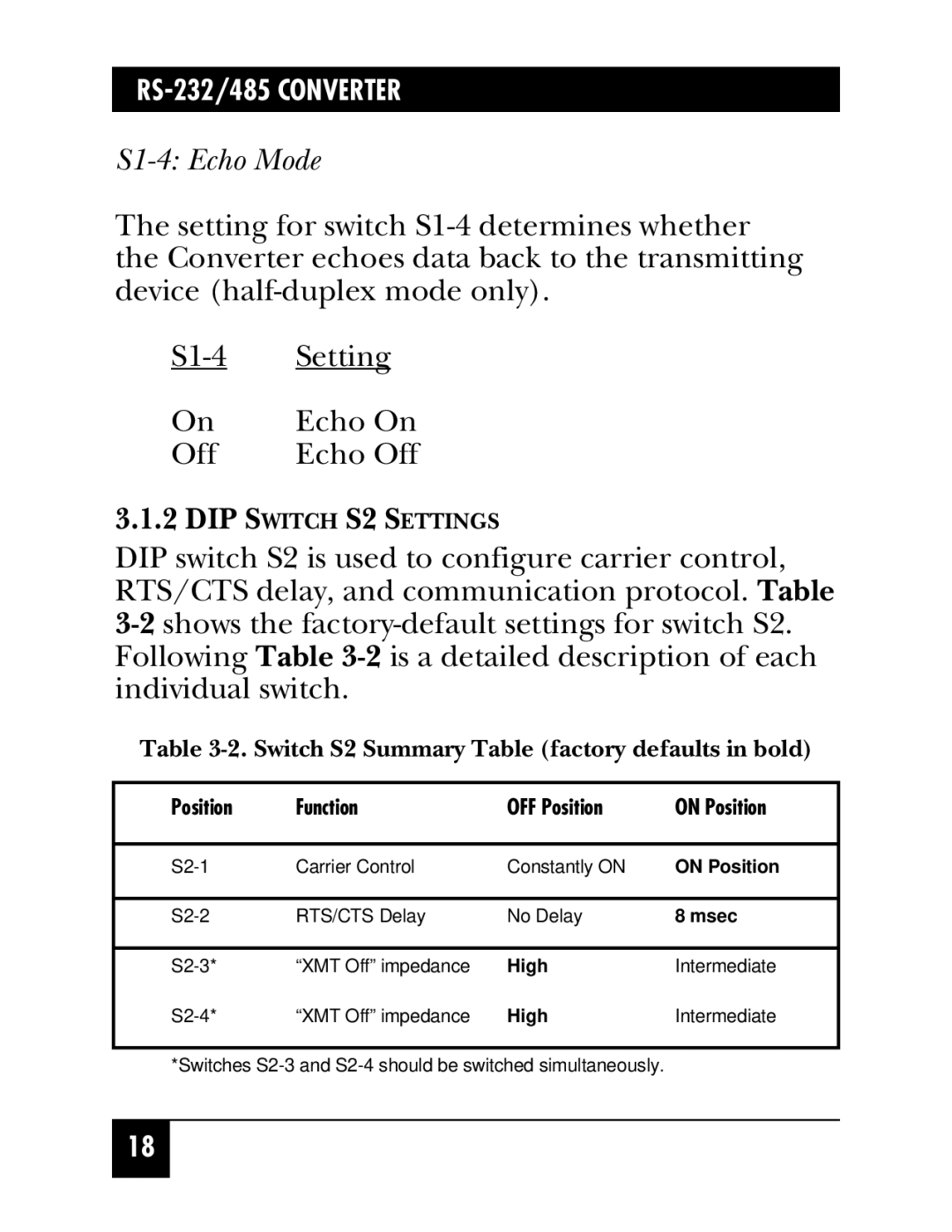 Black Box DB9F/RJ-11 (IC623A-F), RS-232/485 CONVERTER, DB9F/Term (IC620A-F), DB9F/RJ-45 (IC624A-F) manual S1-4 Echo Mode 