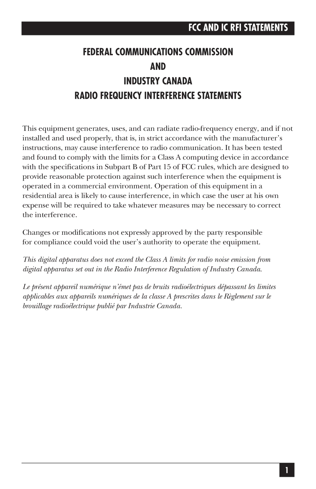 Black Box IC109AE, IC109C, IC109A-R2, IC108C, IC108AE manual FCC and IC RFI Statements 