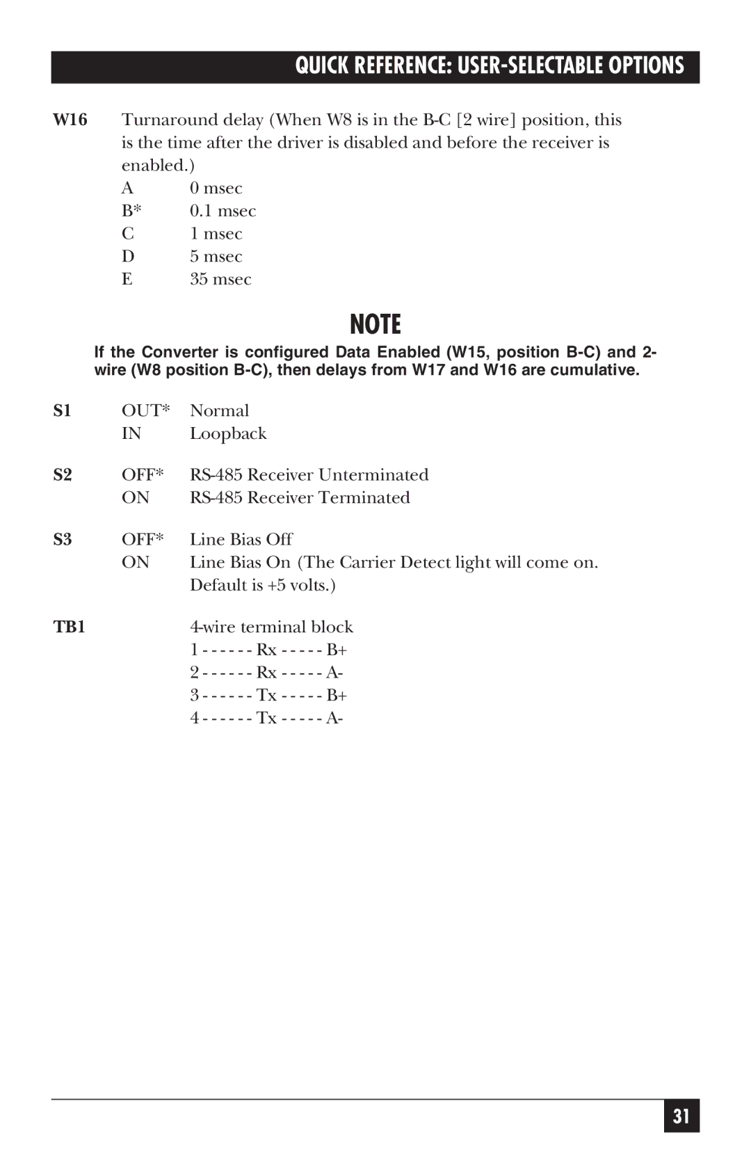 Black Box IC109C, IC109AE, IC109A-R2, IC108C, IC108AE manual Quick Reference USER-SELECTABLE Options 