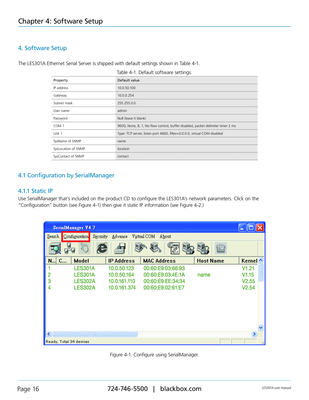 Black Box RS-422, RS-232, RS-485 user manual Software Setup, Page, Configuration by SerialManager 4.1.1 Static IP 