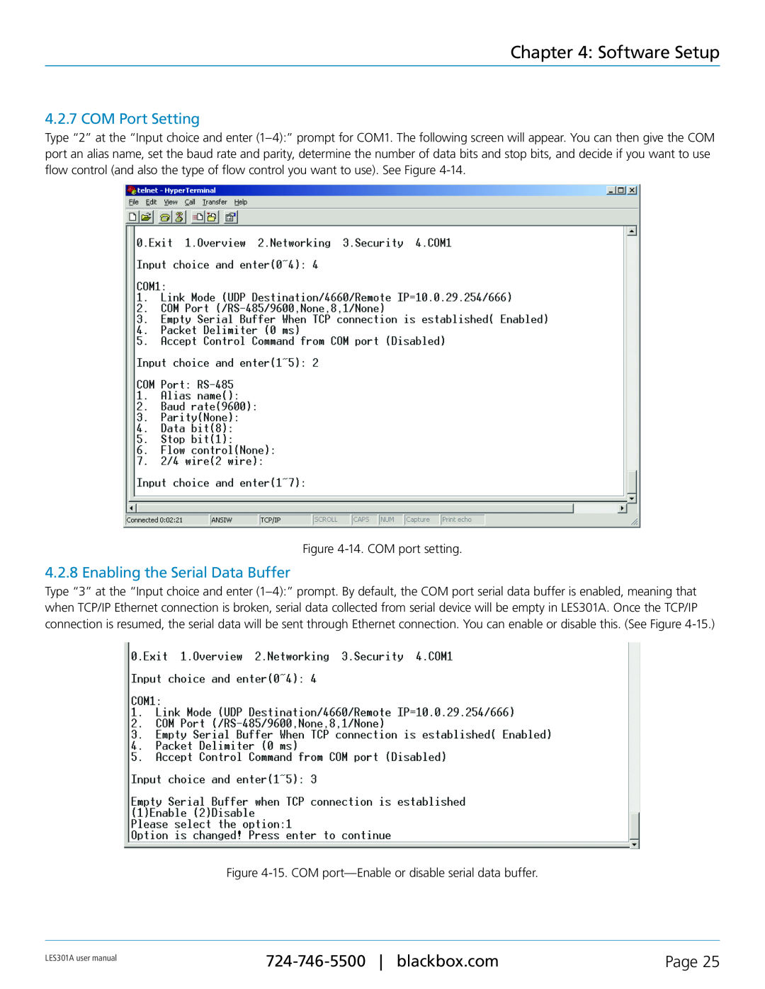 Black Box RS-232, RS-422, RS-485 user manual Software Setup, COM Port Setting, Enabling the Serial Data Buffer, Page 