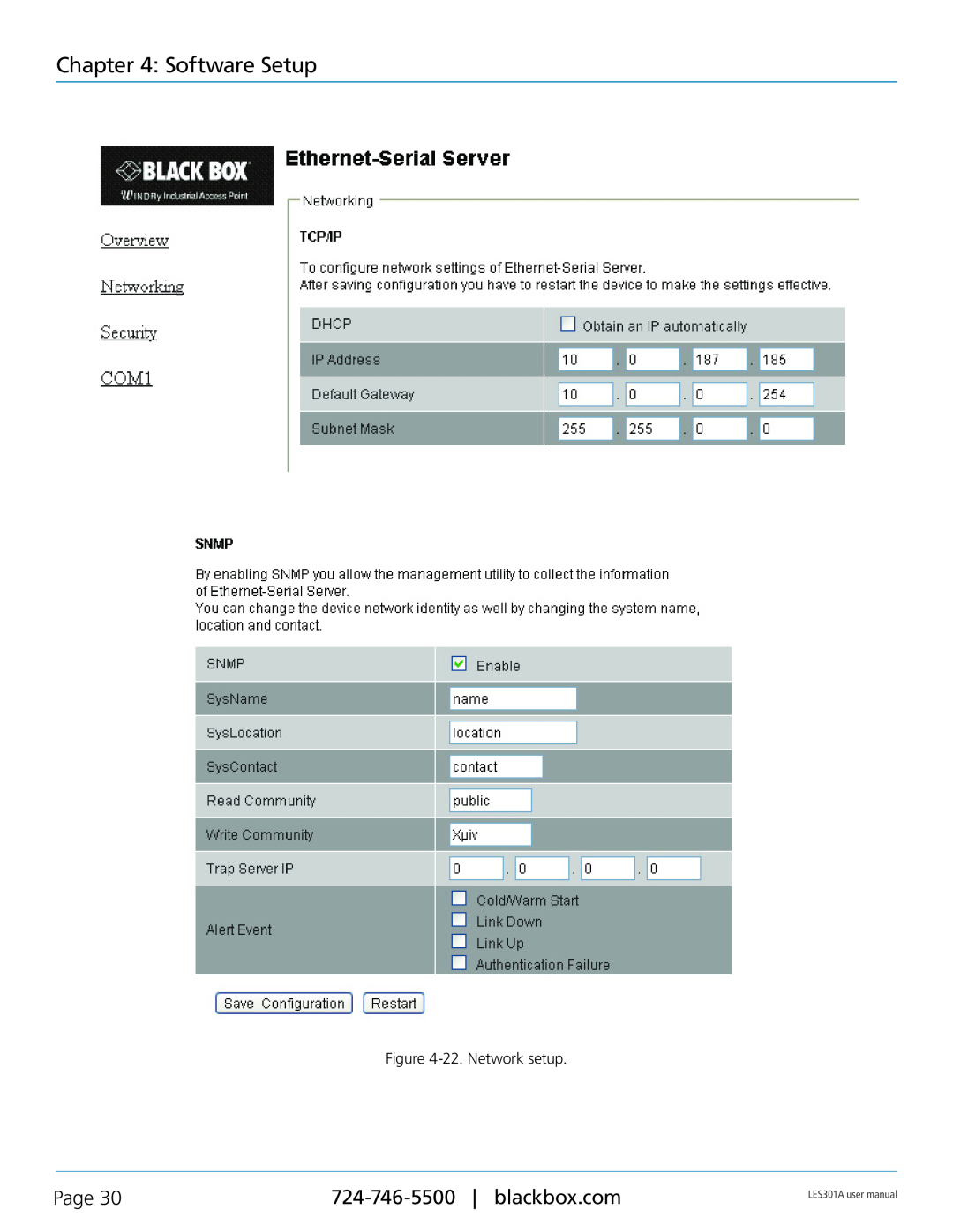 Black Box RS-485, RS-422, RS-232, 1-Port 10/100 Device Server Software Setup, Page, 22. Network setup, LES301A user manual 