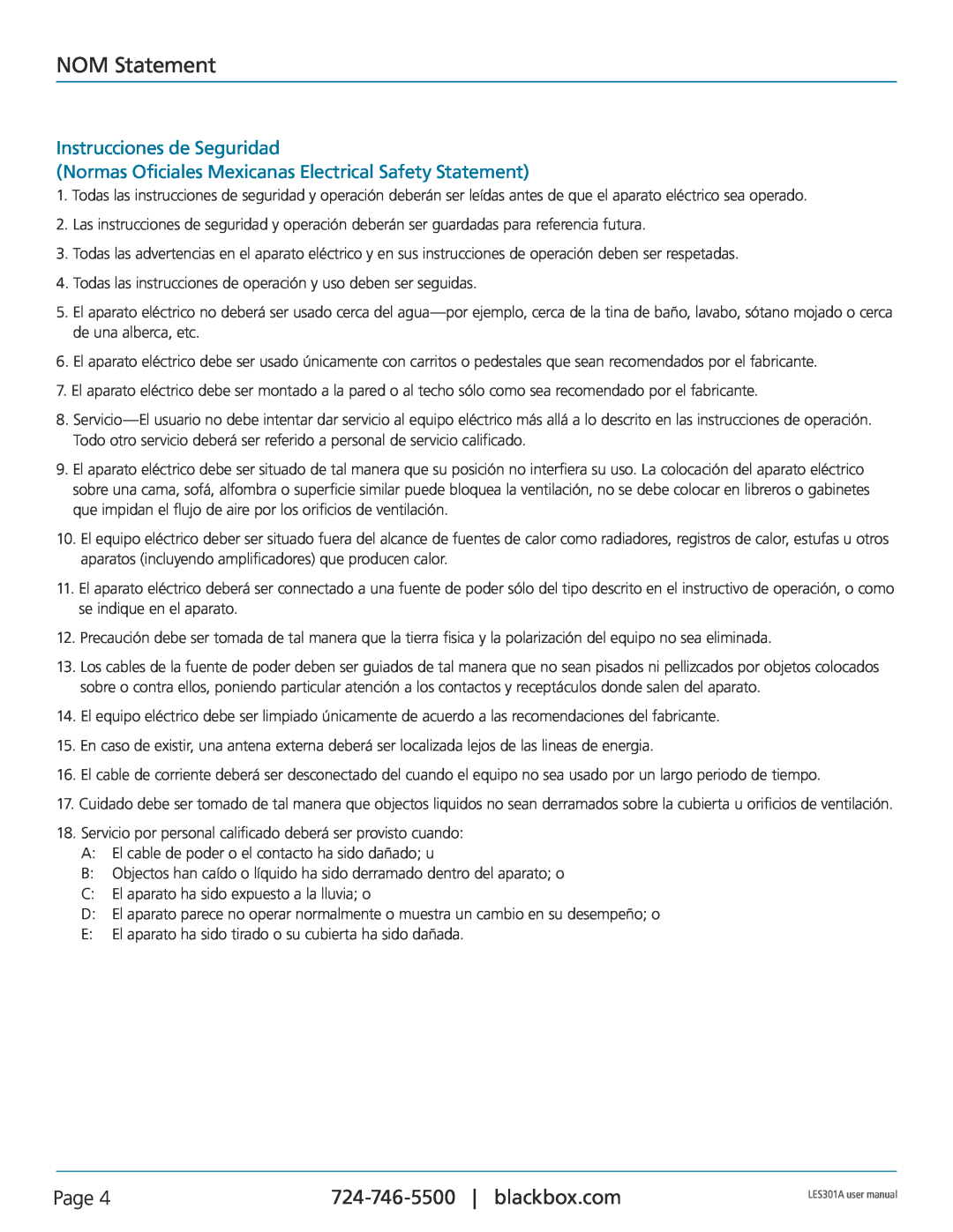 Black Box RS-422 NOM Statement, Page, Instrucciones de Seguridad, Normas Oficiales Mexicanas Electrical Safety Statement 