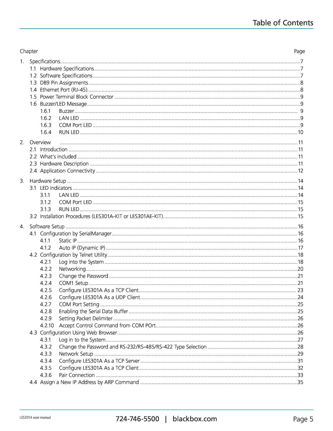 Black Box RS-232, RS-422, RS-485, 1-Port 10/100 Device Server user manual Table of Contents, Page 
