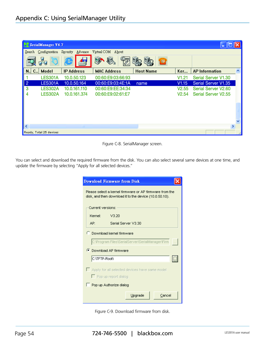 Black Box RS-485 Appendix C Using SerialManager Utility, Page, Figure C-8. SerialManager screen, LES301A user manual 