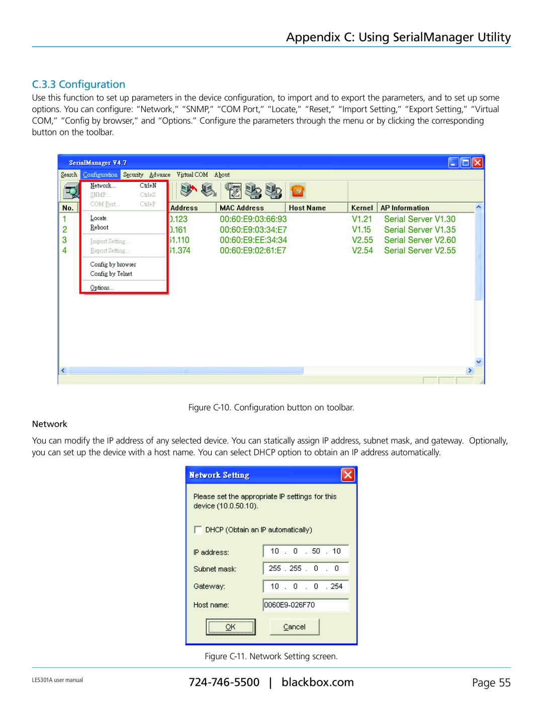 Black Box 1-Port 10/100 Device Server, RS-422, RS-232 Appendix C Using SerialManager Utility, C.3.3 Configuration, Page 