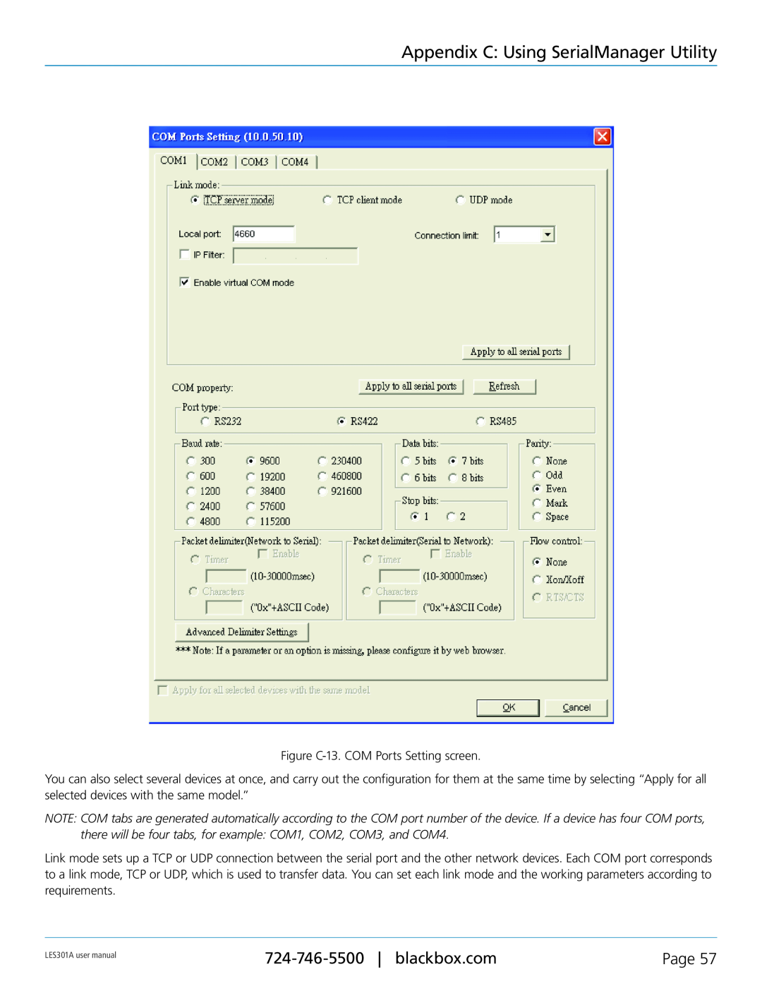 Black Box RS-232, RS-422, RS-485 Appendix C Using SerialManager Utility, Page, Figure C-13. COM Ports Setting screen 