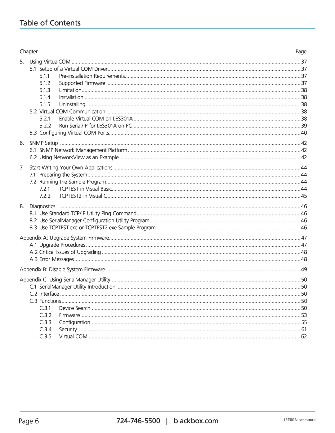 Black Box RS-485, RS-422, RS-232, 1-Port 10/100 Device Server user manual Table of Contents, Page, Using VirtualCOM 