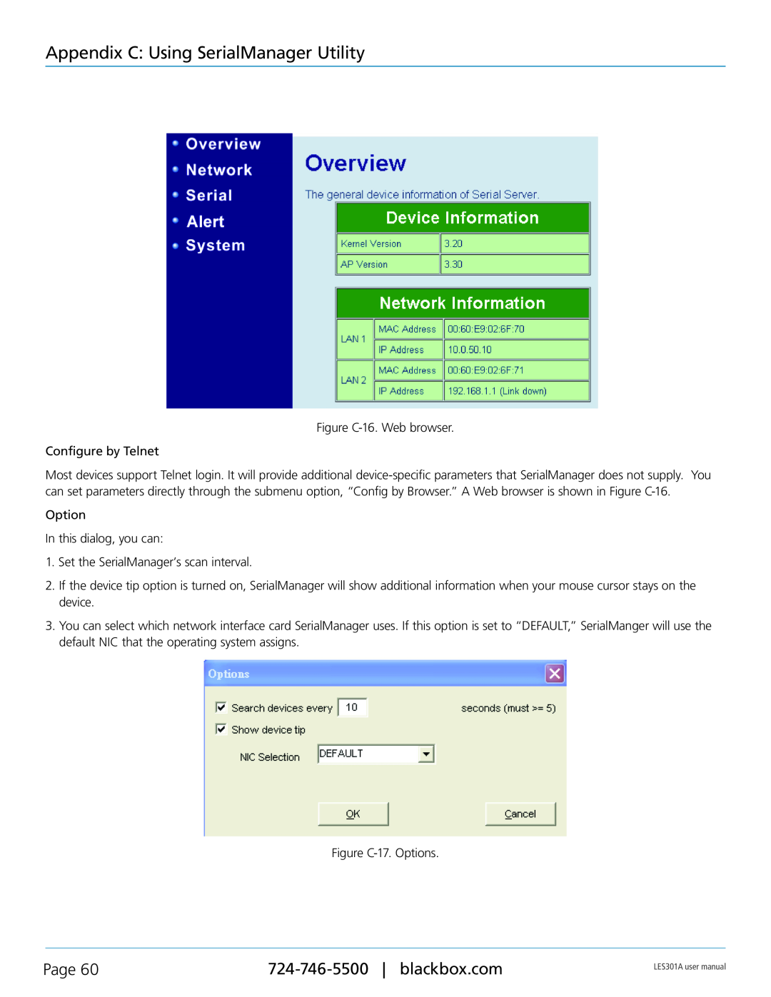 Black Box RS-422, RS-232, RS-485 Appendix C Using SerialManager Utility, Page, Figure C-16. Web browser Configure by Telnet 