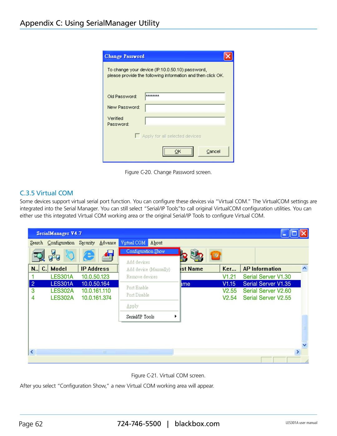 Black Box RS-485, RS-422, RS-232 user manual Appendix C Using SerialManager Utility, Page, C.3.5 Virtual COM 