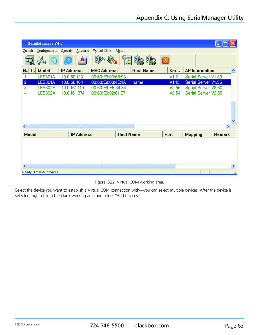 Black Box 1-Port 10/100 Device Server Appendix C Using SerialManager Utility, Page, Figure C-22. Virtual COM working area 