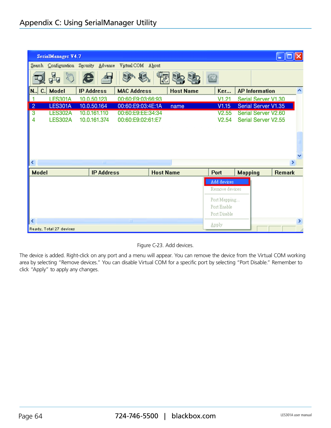Black Box RS-422, RS-232 Appendix C Using SerialManager Utility, Page, Figure C-23. Add devices, LES301A user manual 