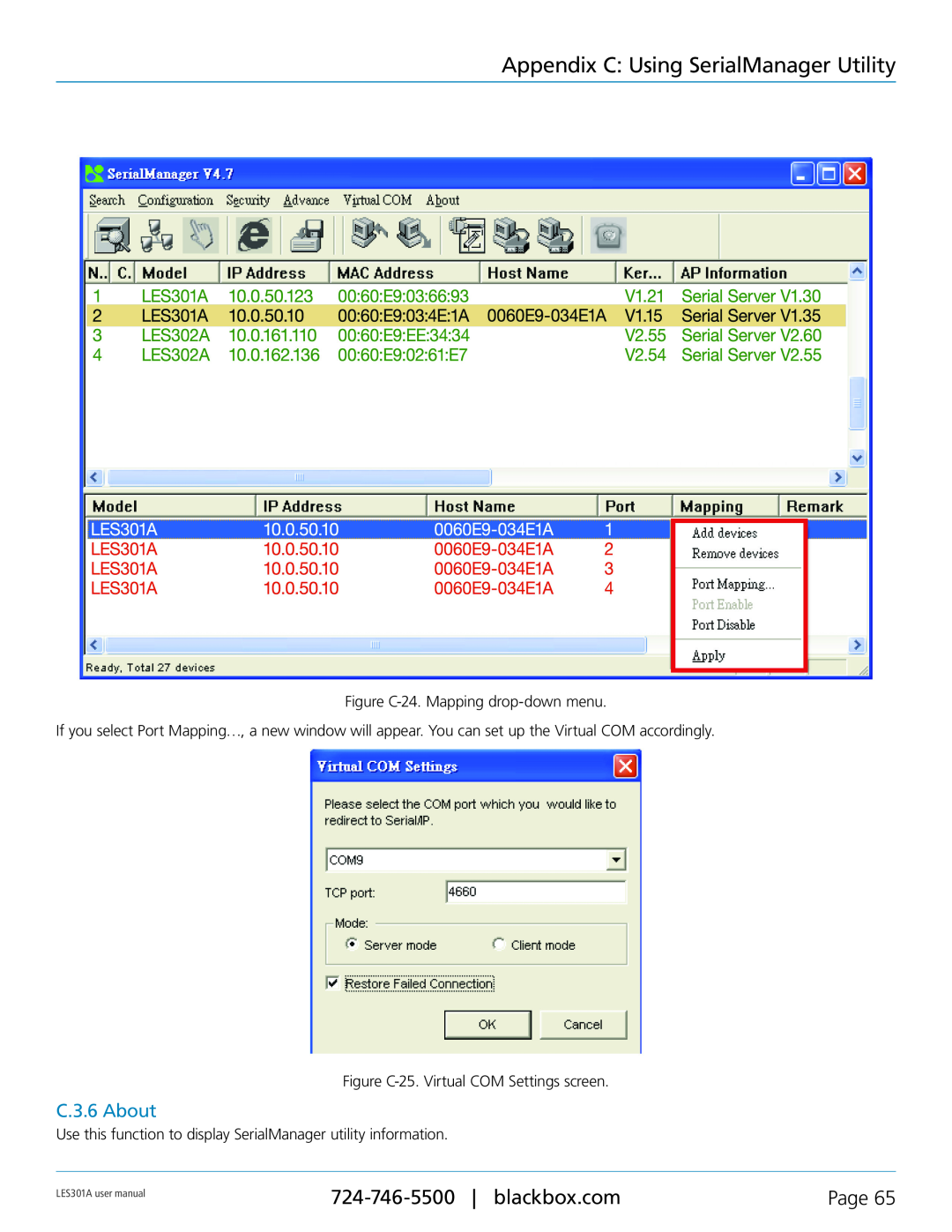 Black Box RS-232, RS-422 Appendix C Using SerialManager Utility, C.3.6 About, Page, Figure C-24. Mapping drop-down menu 