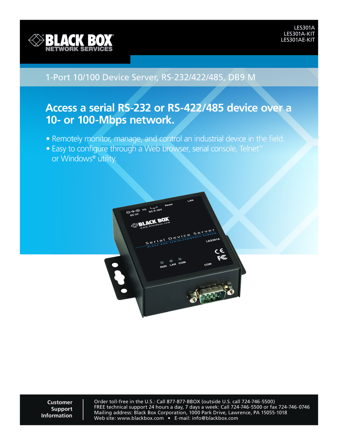 Black Box RS-422, RS-485, 1-Port 10/100 Device Server user manual Port 10/100 Device Server, RS-232/422/485, DB9 M 