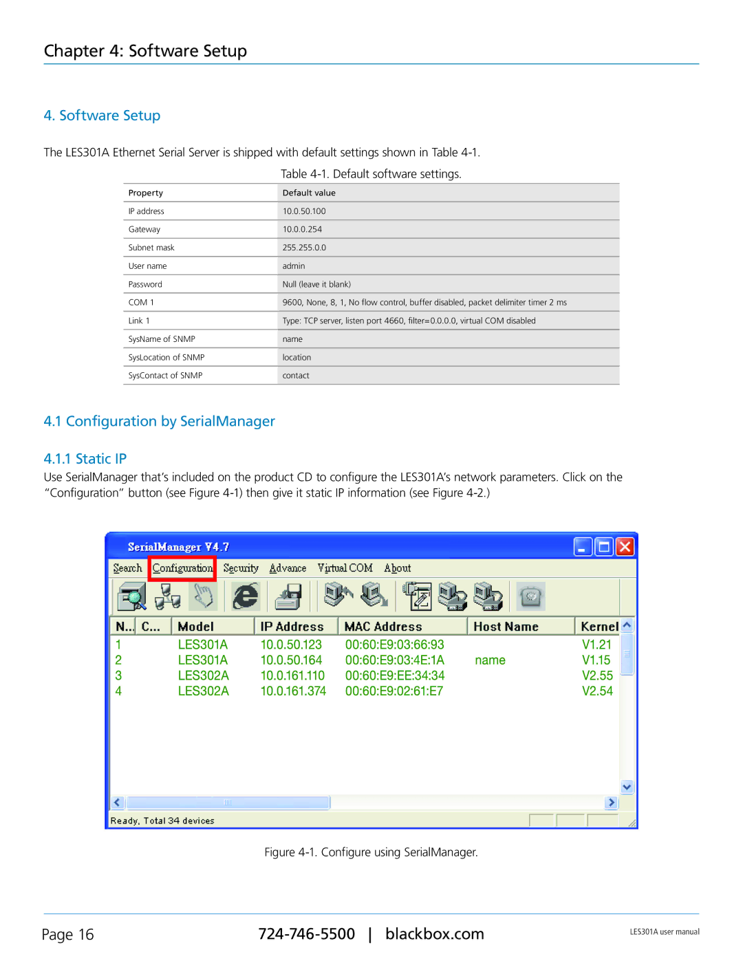 Black Box RS-422, RS-232, RS-485, 1-Port 10/100 Device Server Software Setup, Configuration by SerialManager Static IP 