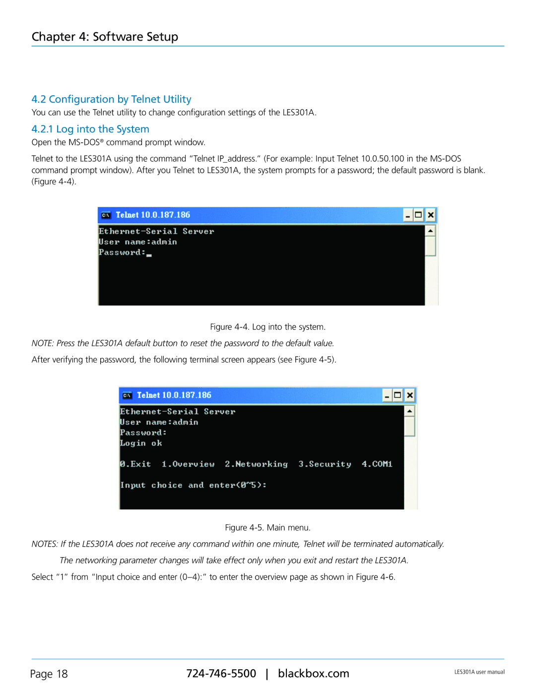 Black Box RS-485, RS-422, RS-232, 1-Port 10/100 Device Server user manual Configuration by Telnet Utility, Log into the System 