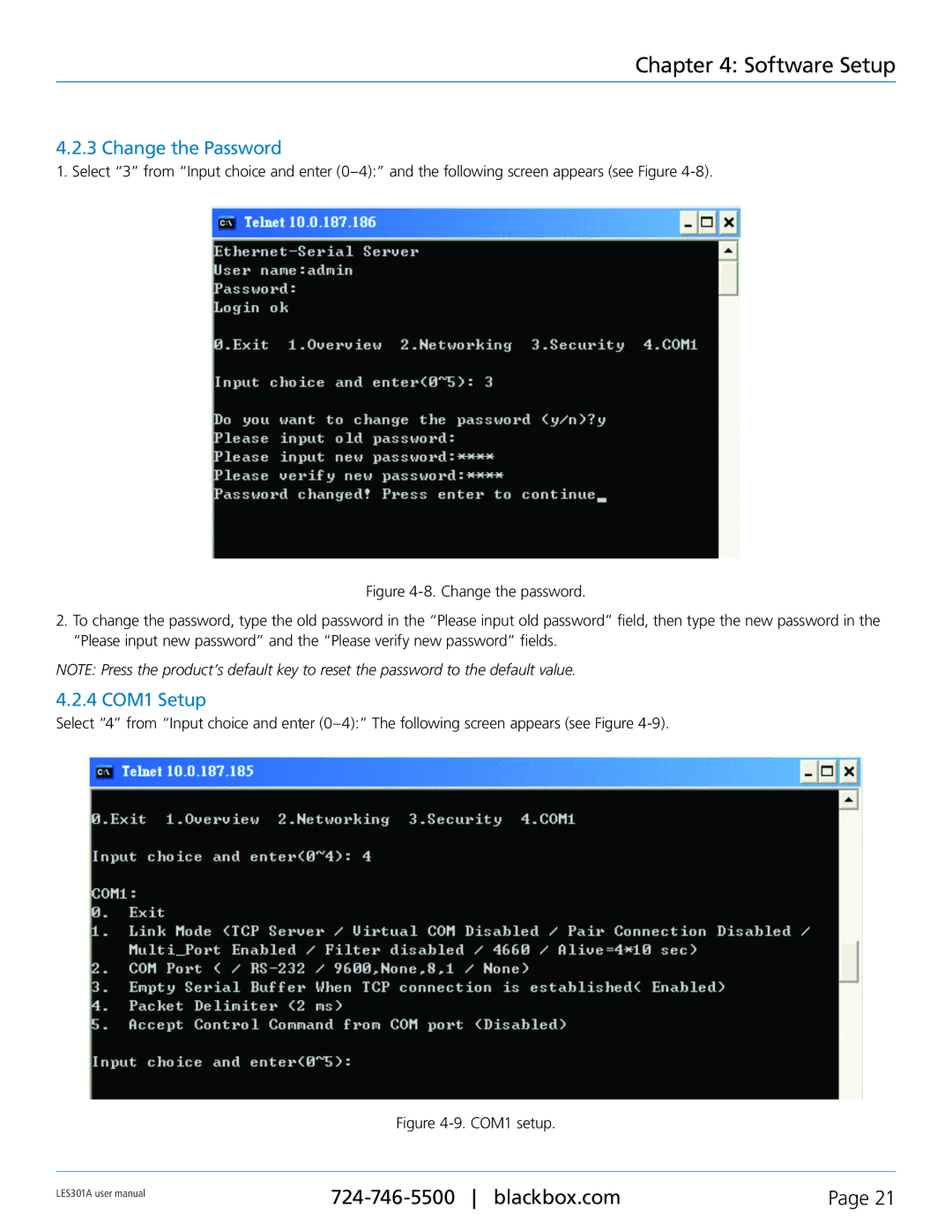 Black Box RS-232, RS-422, RS-485, 1-Port 10/100 Device Server user manual Change the Password, 4 COM1 Setup 