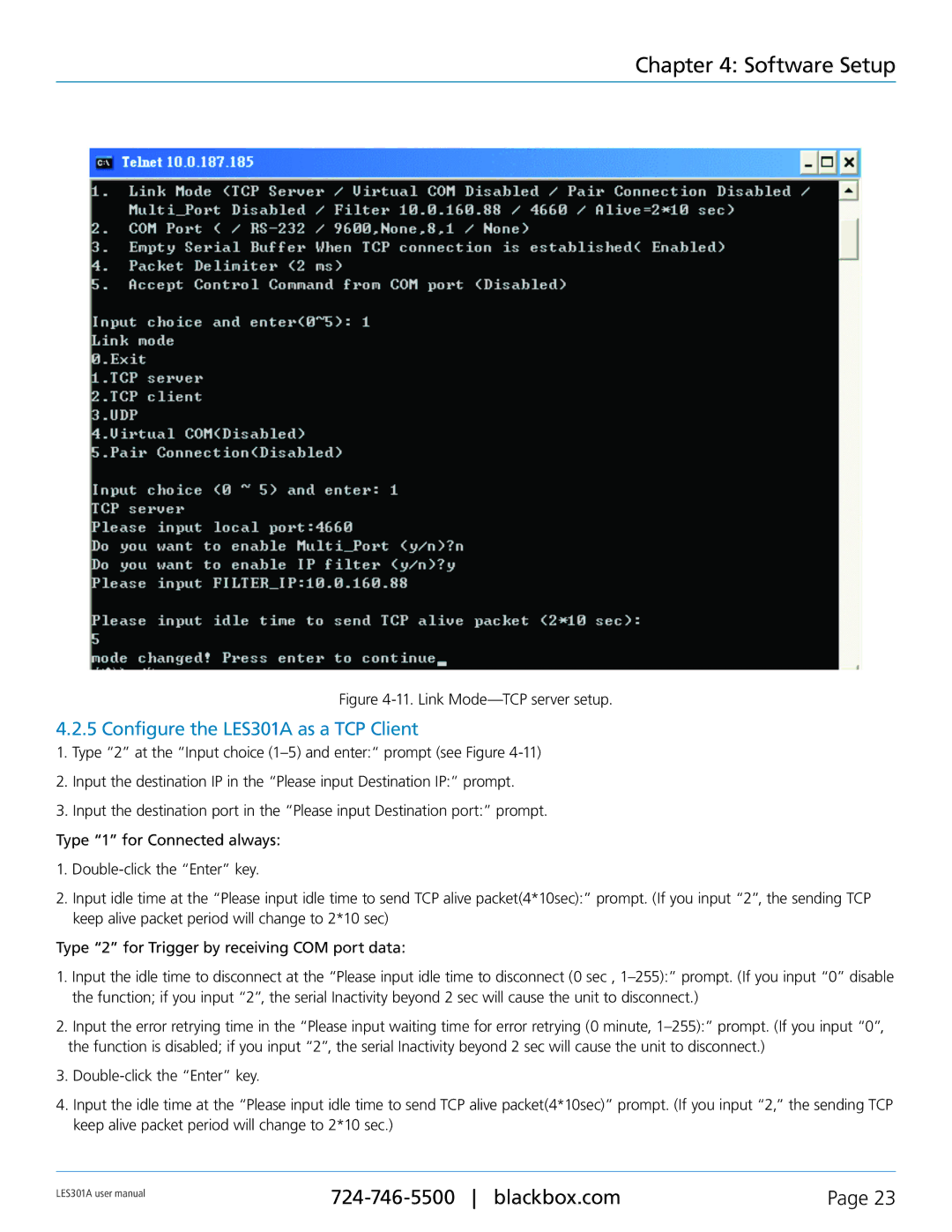 Black Box 1-Port 10/100 Device Server, RS-422, RS-232 Configure the LES301A as a TCP Client, Link Mode-TCP server setup 