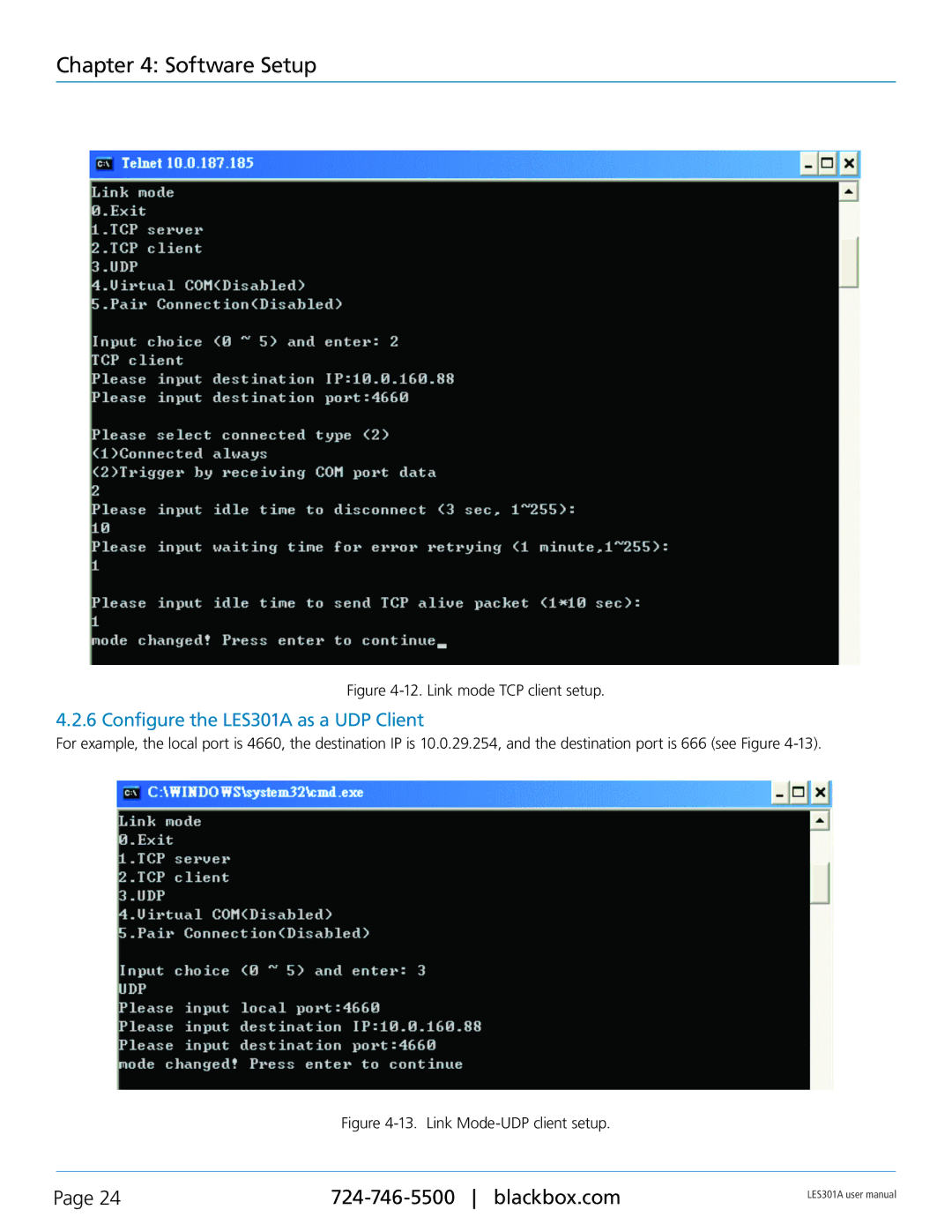 Black Box RS-422, RS-232, RS-485 user manual Configure the LES301A as a UDP Client, Link mode TCP client setup 