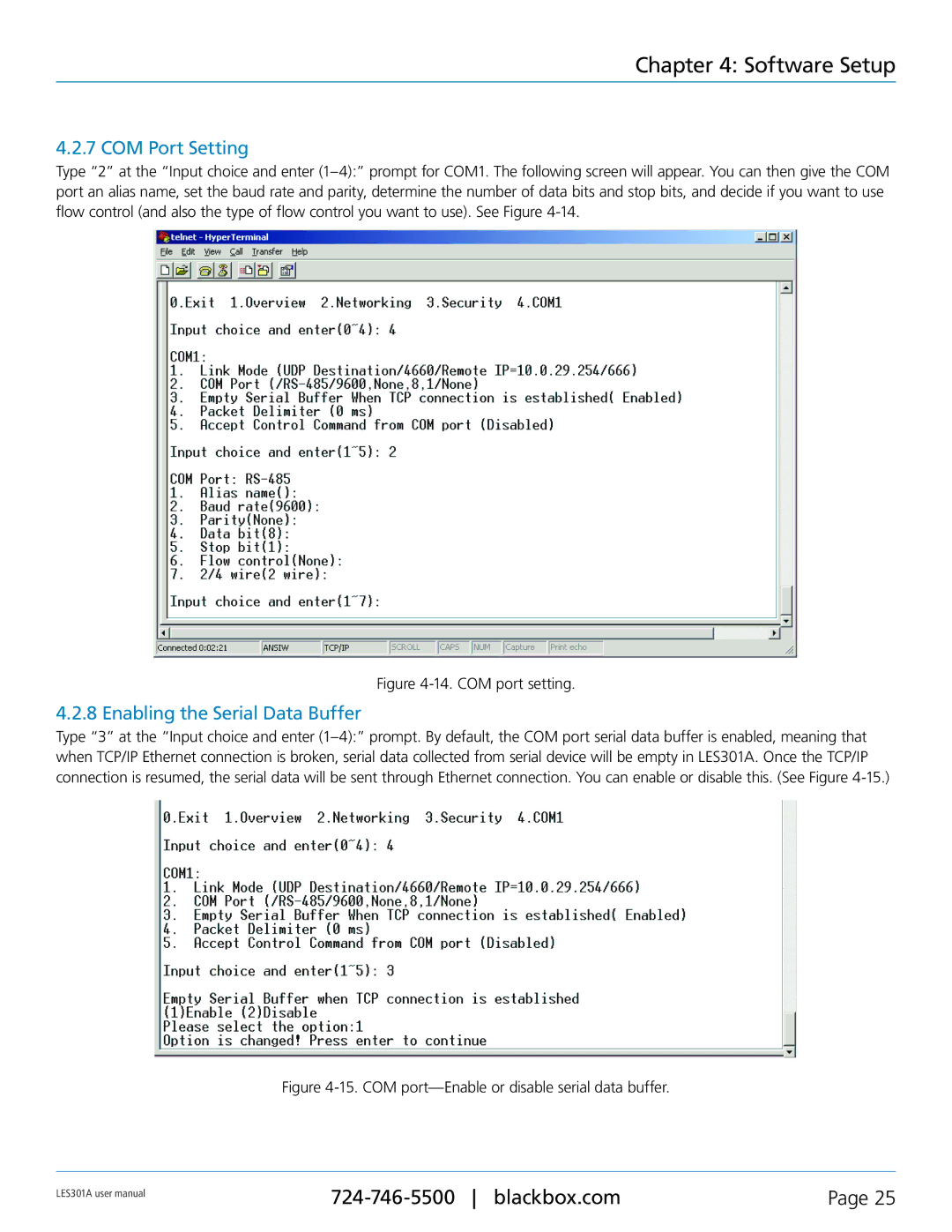 Black Box RS-232, RS-422, RS-485, 1-Port 10/100 Device Server user manual COM Port Setting, Enabling the Serial Data Buffer 