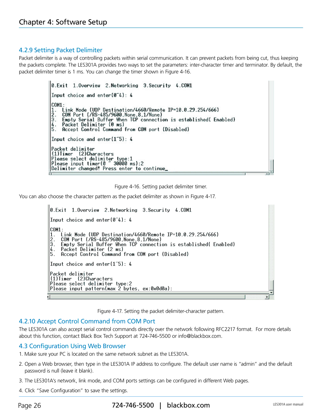 Black Box RS-485, RS-422 Setting Packet Delimiter, Accept Control Command from COM Port, Configuration Using Web Browser 