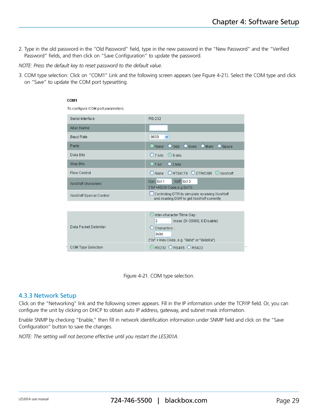 Black Box RS-232, RS-422, RS-485, 1-Port 10/100 Device Server user manual Network Setup, COM type selection 