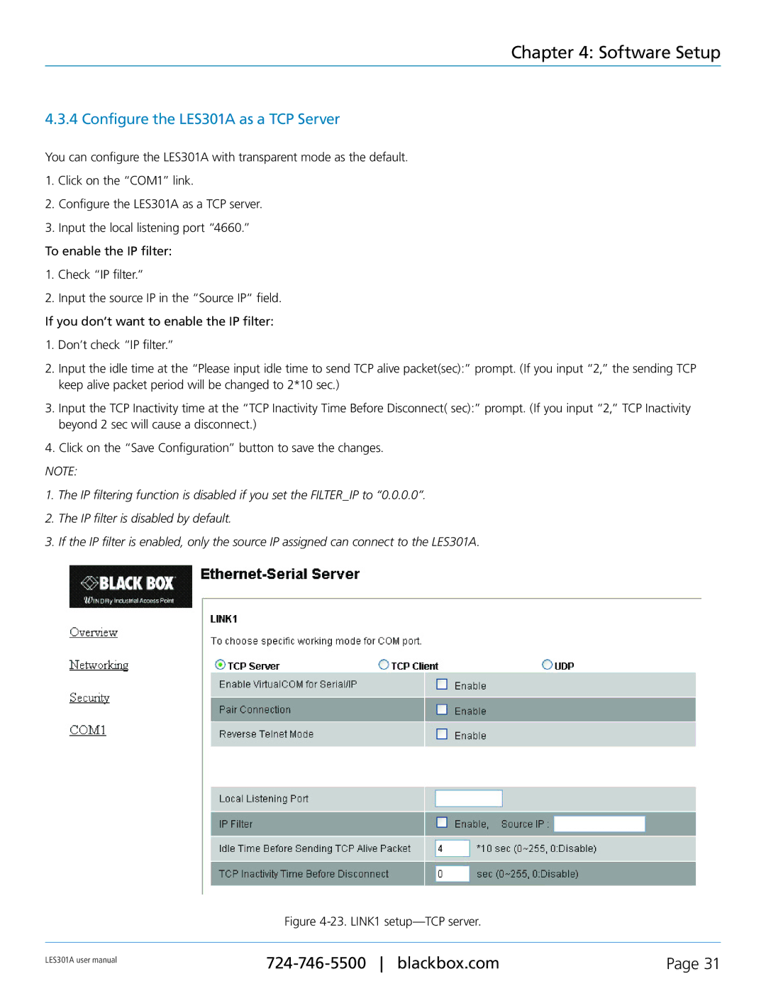 Black Box 1-Port 10/100 Device Server, RS-422, RS-232, RS-485 Configure the LES301A as a TCP Server, LINK1 setup-TCP server 