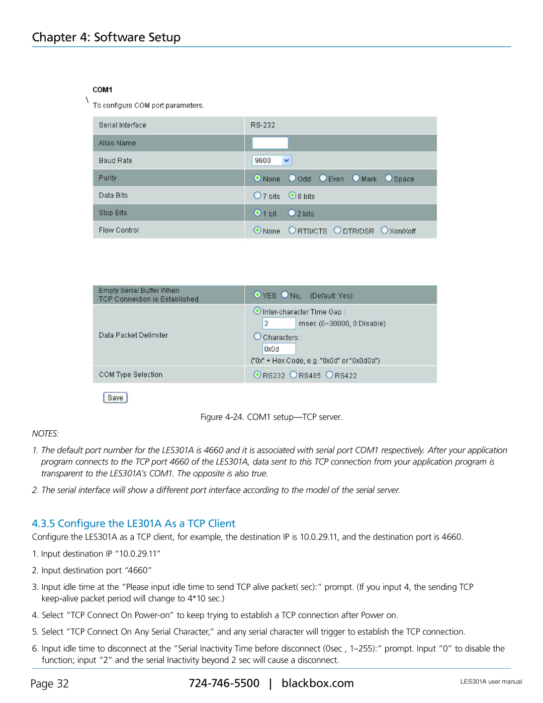 Black Box RS-422, RS-232, RS-485, 1-Port 10/100 Device Server Configure the LE301A As a TCP Client, COM1 setup-TCP server 